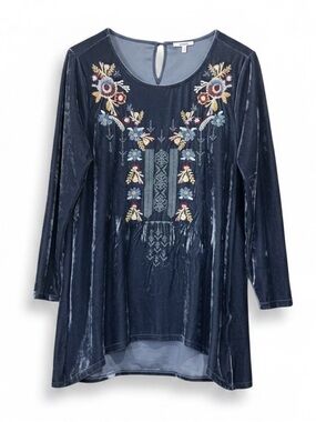 Jodifl Velvet Boho Floral Embroidered Long Sleeve Tunic Top Women’s Size Small